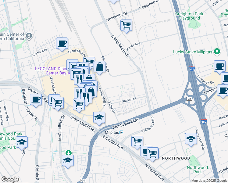 map of restaurants, bars, coffee shops, grocery stores, and more near 500 Amalfi Loop in Milpitas