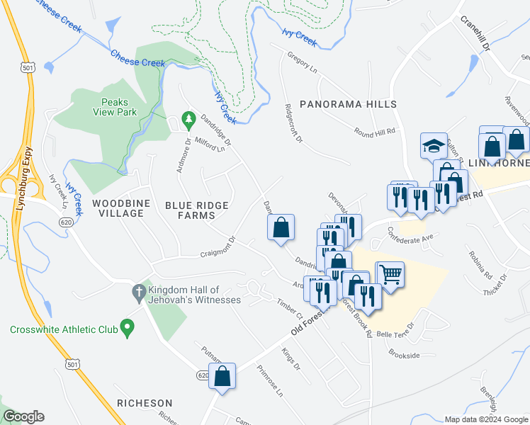 map of restaurants, bars, coffee shops, grocery stores, and more near 1039 Dandridge Drive in Lynchburg