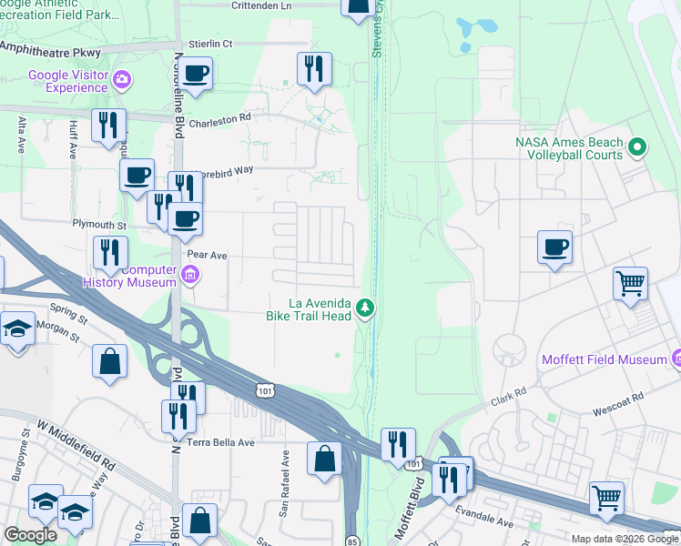 map of restaurants, bars, coffee shops, grocery stores, and more near 1075 Space Park Way in Mountain View