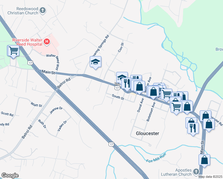 map of restaurants, bars, coffee shops, grocery stores, and more near 6450 Main Street in Gloucester