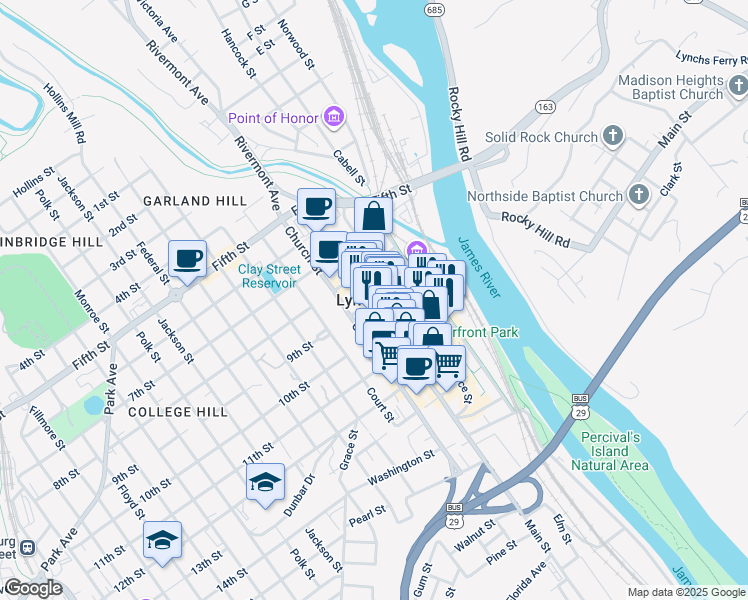 map of restaurants, bars, coffee shops, grocery stores, and more near in Lynchburg
