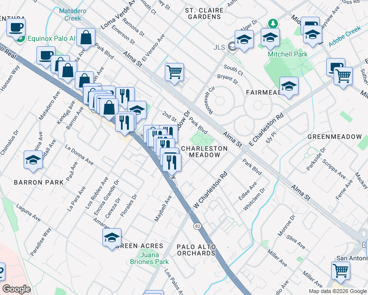 map of restaurants, bars, coffee shops, grocery stores, and more near 420 James Road in Palo Alto
