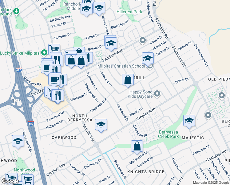 map of restaurants, bars, coffee shops, grocery stores, and more near 2085 Ashwood Lane in San Jose