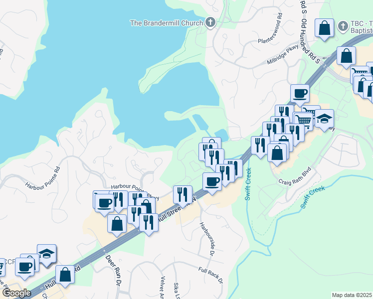 map of restaurants, bars, coffee shops, grocery stores, and more near 5800 Harbour Park Drive in Midlothian