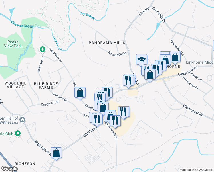 map of restaurants, bars, coffee shops, grocery stores, and more near 212 Devonshire Road in Lynchburg