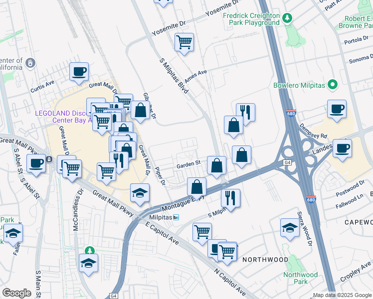 map of restaurants, bars, coffee shops, grocery stores, and more near 1229 Merry Loop in Milpitas