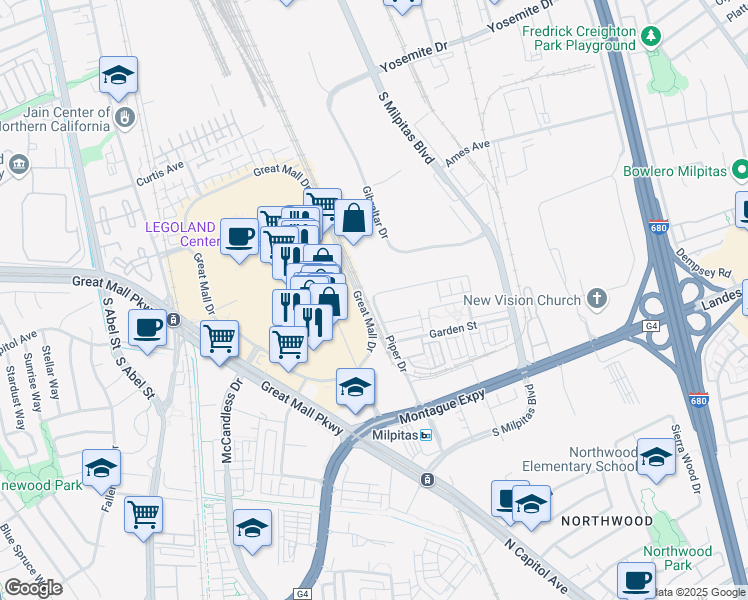 map of restaurants, bars, coffee shops, grocery stores, and more near 1296 Piper Drive in Milpitas