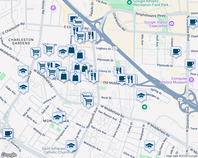 map of restaurants, bars, coffee shops, grocery stores, and more near 2073 Rengstorff Avenue in Mountain View