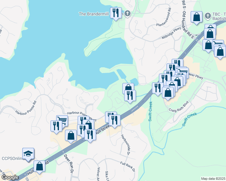 map of restaurants, bars, coffee shops, grocery stores, and more near 5800 Harbour Park Drive in Midlothian