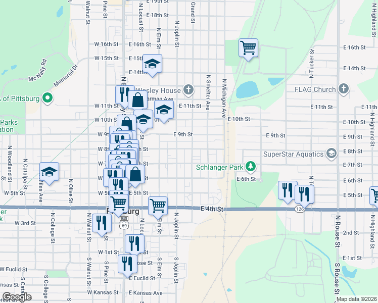 map of restaurants, bars, coffee shops, grocery stores, and more near 707 North Grand Street in Pittsburg