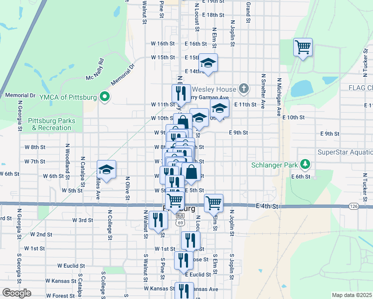 map of restaurants, bars, coffee shops, grocery stores, and more near 701 North Locust Street in Pittsburg