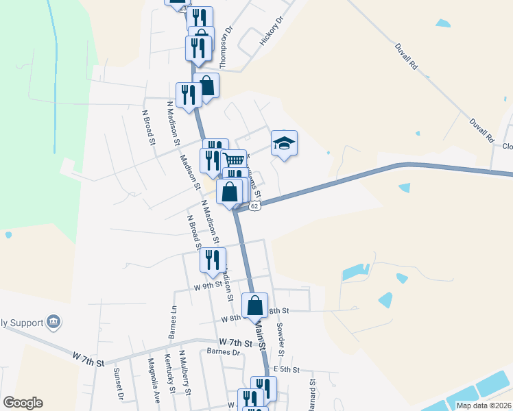 map of restaurants, bars, coffee shops, grocery stores, and more near 183 U.S. 62 in Beaver Dam