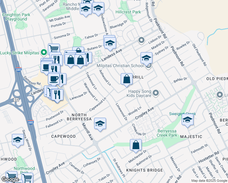 map of restaurants, bars, coffee shops, grocery stores, and more near 2085 Ashwood Lane in San Jose