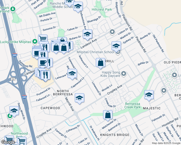 map of restaurants, bars, coffee shops, grocery stores, and more near 2085 Ashwood Lane in San Jose
