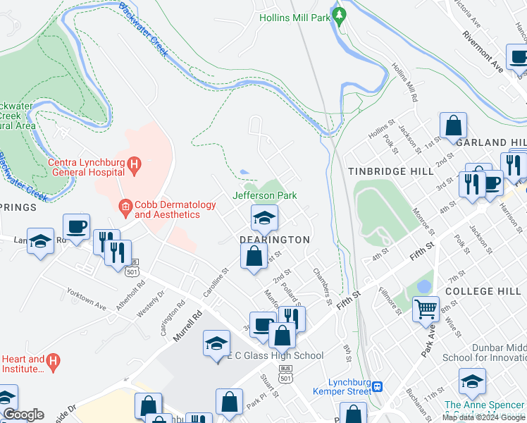 map of restaurants, bars, coffee shops, grocery stores, and more near 1649 Kirby Street in Lynchburg