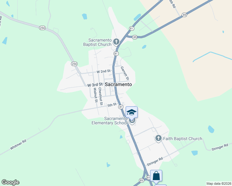 map of restaurants, bars, coffee shops, grocery stores, and more near Main Street in Sacramento