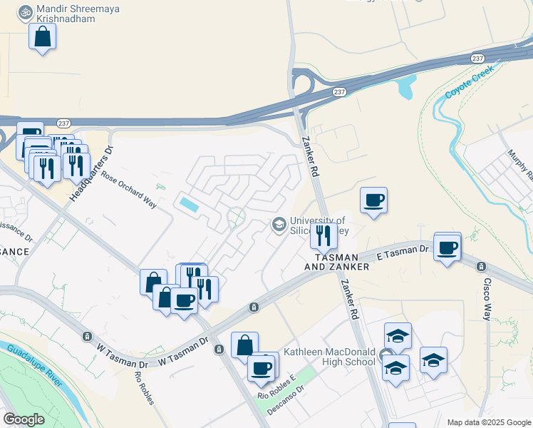 map of restaurants, bars, coffee shops, grocery stores, and more near 708 Spindrift Drive in San Jose