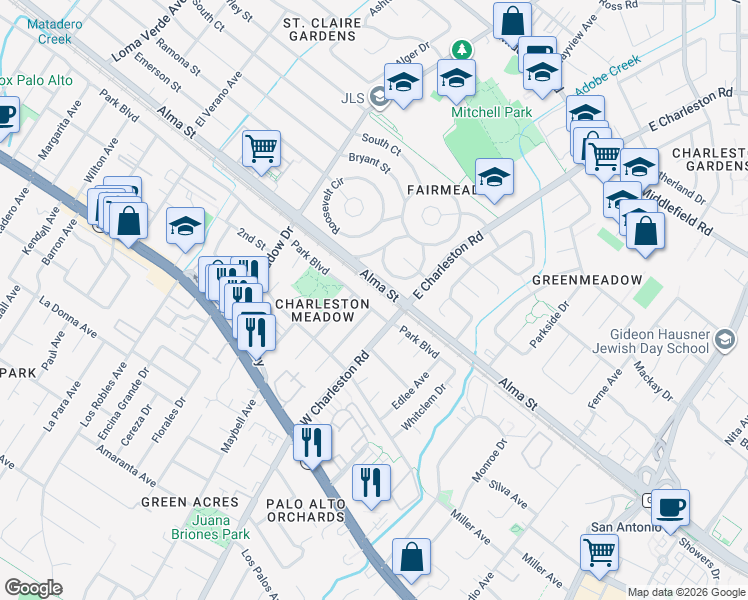 map of restaurants, bars, coffee shops, grocery stores, and more near 4163 Park Boulevard in Palo Alto