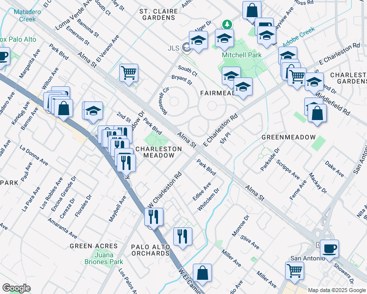 map of restaurants, bars, coffee shops, grocery stores, and more near 4163 Park Boulevard in Palo Alto