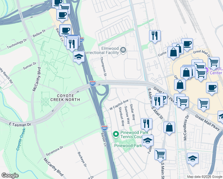 map of restaurants, bars, coffee shops, grocery stores, and more near 1009 Venus Way in Milpitas
