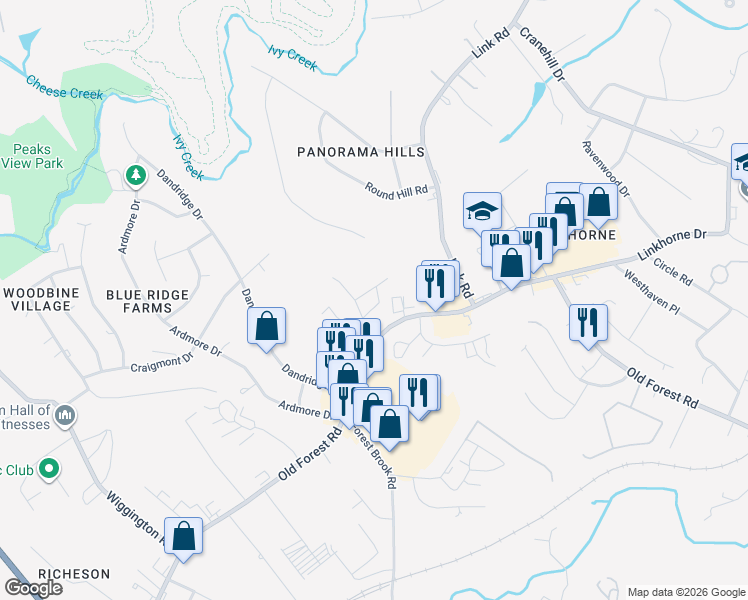 map of restaurants, bars, coffee shops, grocery stores, and more near 203 East Cadbury Drive in Lynchburg