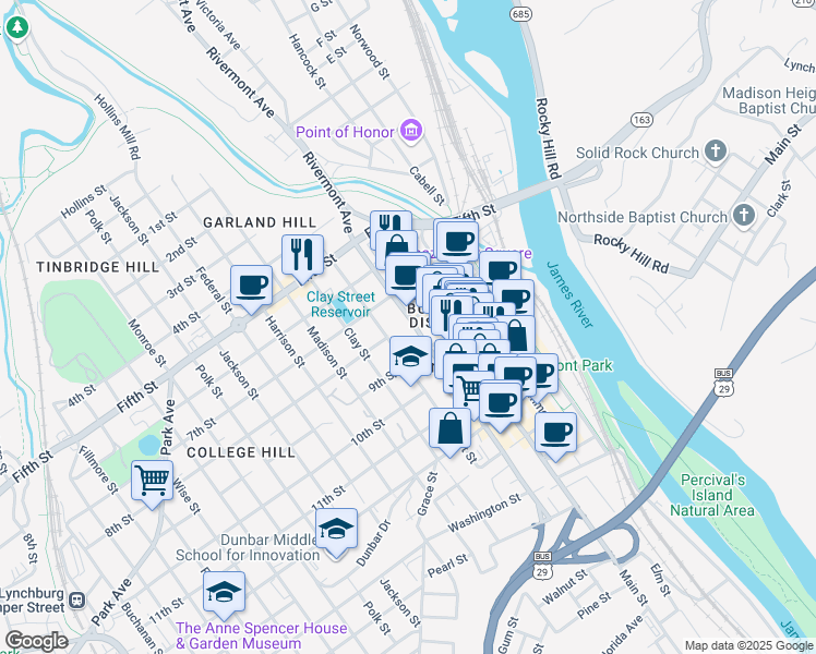 map of restaurants, bars, coffee shops, grocery stores, and more near 806 Court Street in Lynchburg