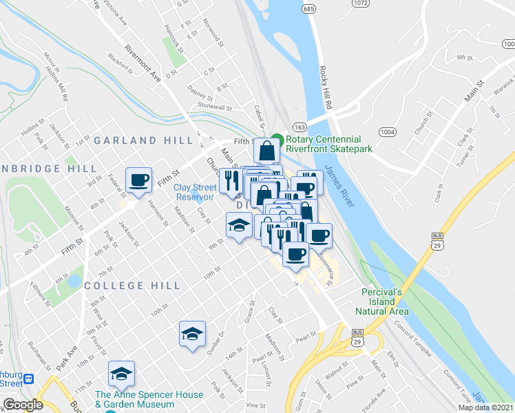 map of restaurants, bars, coffee shops, grocery stores, and more near 846 Church Street in Lynchburg
