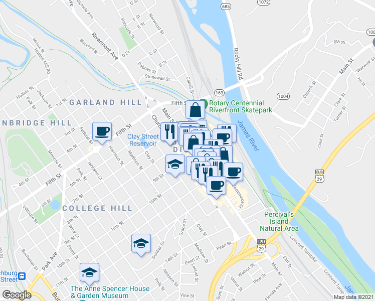 map of restaurants, bars, coffee shops, grocery stores, and more near 846 Church Street in Lynchburg