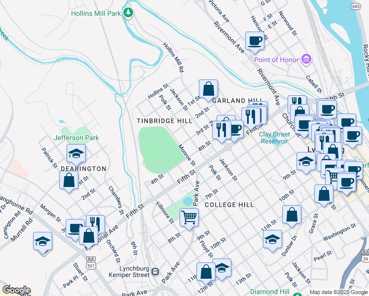 map of restaurants, bars, coffee shops, grocery stores, and more near 308 Monroe Street in Lynchburg