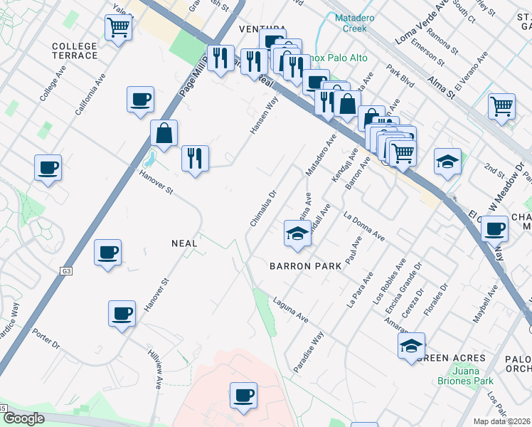 map of restaurants, bars, coffee shops, grocery stores, and more near 800 Matadero Avenue in Palo Alto