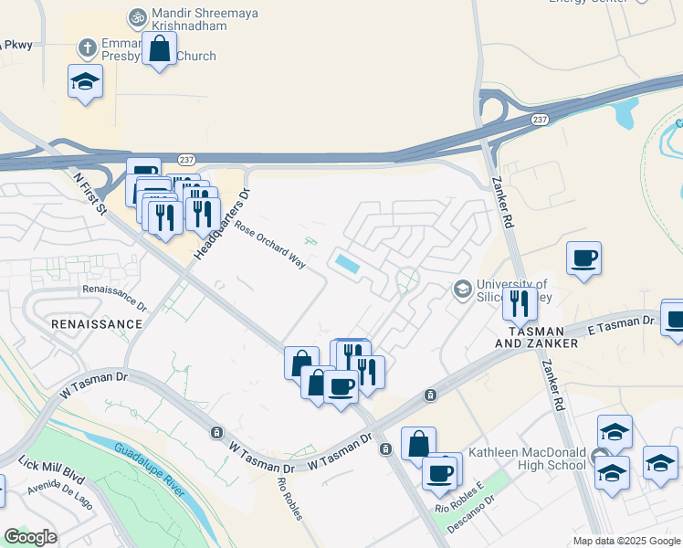 map of restaurants, bars, coffee shops, grocery stores, and more near 405 Los Encinos Avenue in San Jose