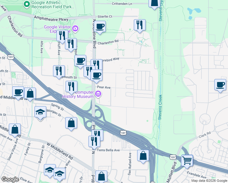 map of restaurants, bars, coffee shops, grocery stores, and more near 1225 Pear Avenue in Mountain View
