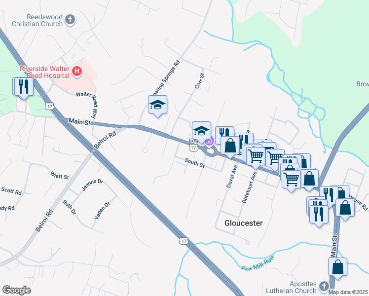map of restaurants, bars, coffee shops, grocery stores, and more near 6450 Main Street in Gloucester