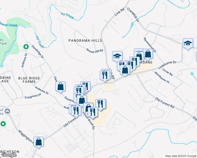 map of restaurants, bars, coffee shops, grocery stores, and more near 3200 Old Forest Road in Lynchburg