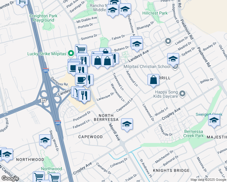 map of restaurants, bars, coffee shops, grocery stores, and more near 3139 Laneview Drive in San Jose