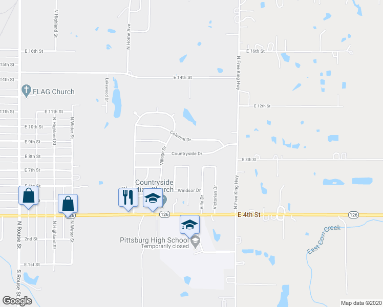 map of restaurants, bars, coffee shops, grocery stores, and more near 1909 Countryside Drive in Pittsburg