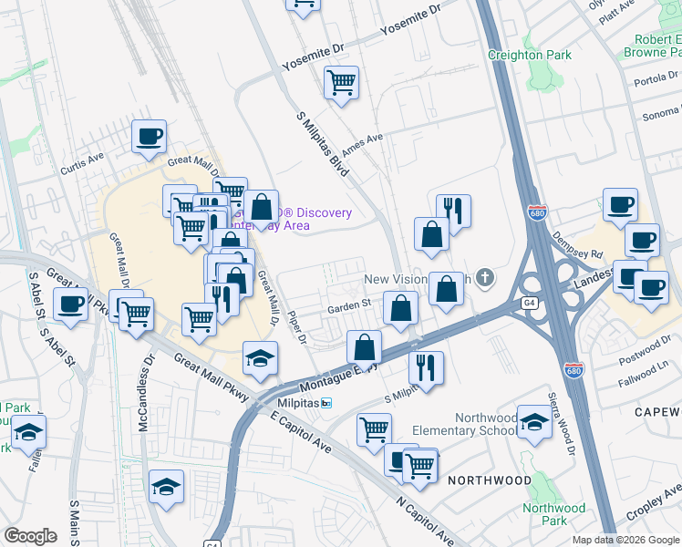 map of restaurants, bars, coffee shops, grocery stores, and more near 672 Amalfi Loop in Milpitas