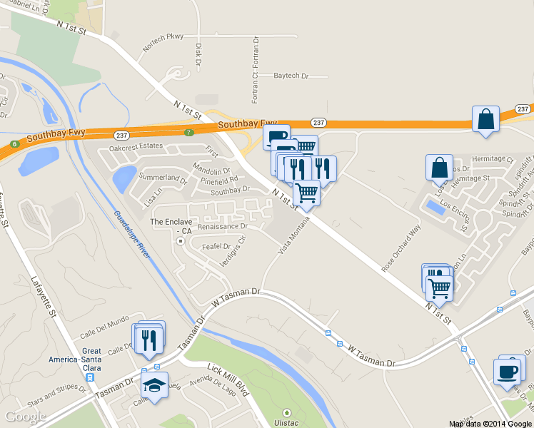 map of restaurants, bars, coffee shops, grocery stores, and more near 4165 Renaissance Drive in San Jose