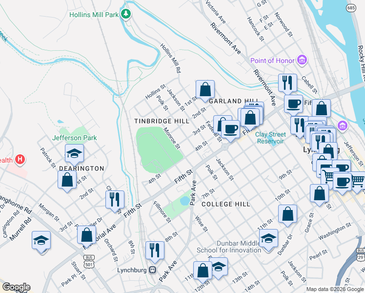 map of restaurants, bars, coffee shops, grocery stores, and more near 308 Monroe Street in Lynchburg