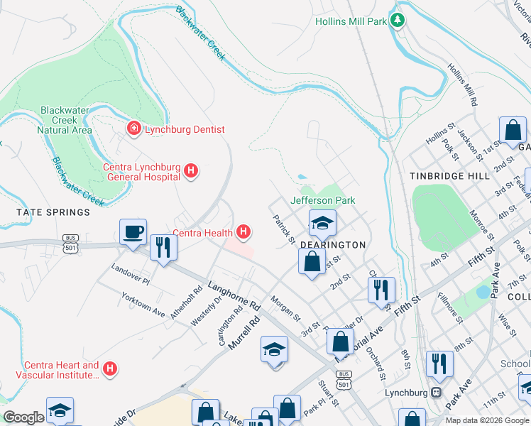 map of restaurants, bars, coffee shops, grocery stores, and more near 400 Patrick Street in Lynchburg