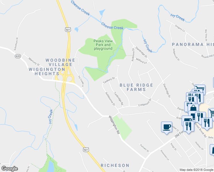 map of restaurants, bars, coffee shops, grocery stores, and more near in Lynchburg