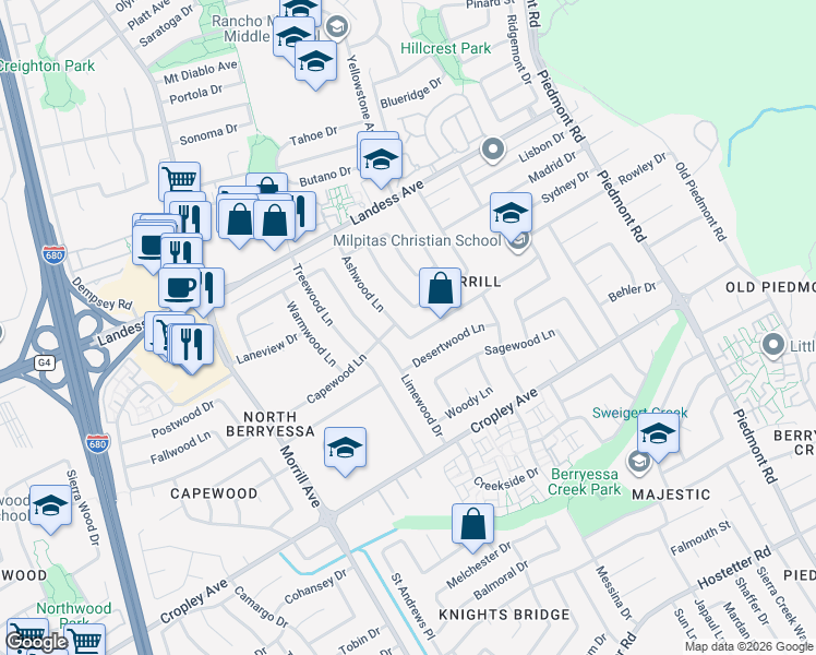 map of restaurants, bars, coffee shops, grocery stores, and more near 2074 Ashwood Lane in San Jose