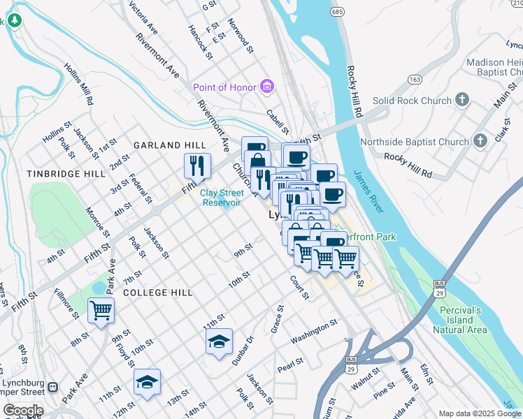 map of restaurants, bars, coffee shops, grocery stores, and more near 725 Church Street in Lynchburg