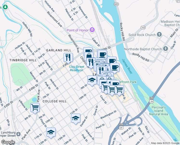 map of restaurants, bars, coffee shops, grocery stores, and more near 725 Church Street in Lynchburg