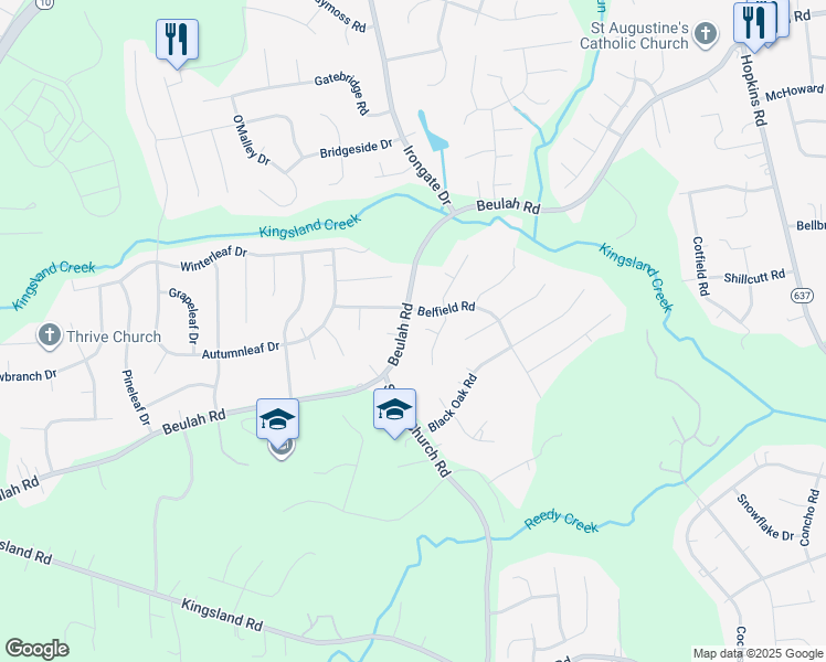 map of restaurants, bars, coffee shops, grocery stores, and more near 7404 Belfield Road in Richmond