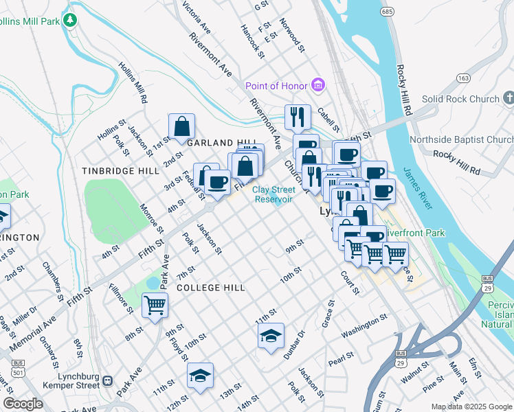 map of restaurants, bars, coffee shops, grocery stores, and more near 604 Madison Street in Lynchburg