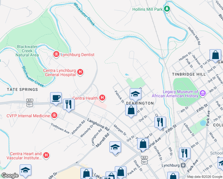 map of restaurants, bars, coffee shops, grocery stores, and more near 400 Patrick Street in Lynchburg