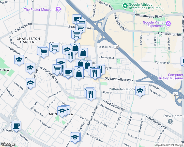 map of restaurants, bars, coffee shops, grocery stores, and more near 2145 Old Middlefield Way in Mountain View