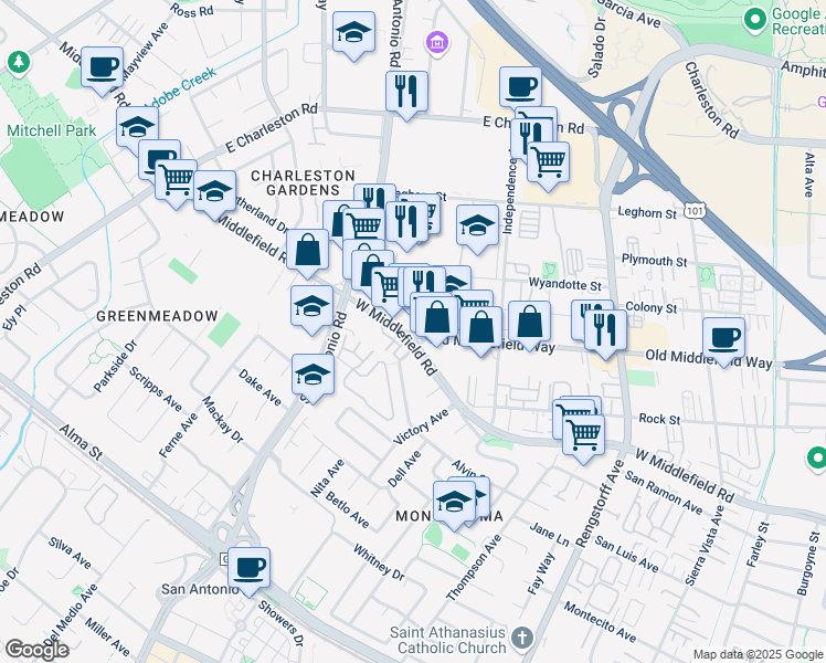 map of restaurants, bars, coffee shops, grocery stores, and more near 2554 Saffron Way in Mountain View