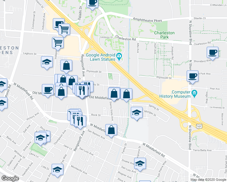 map of restaurants, bars, coffee shops, grocery stores, and more near 856 Sycamore Loop in Mountain View